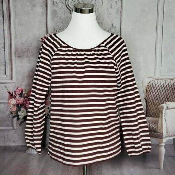 J. Crew Brown Cream Striped Boat Neck Long Sleeve Blouse Shirt Size Small NWOT - Picture 2 of 11